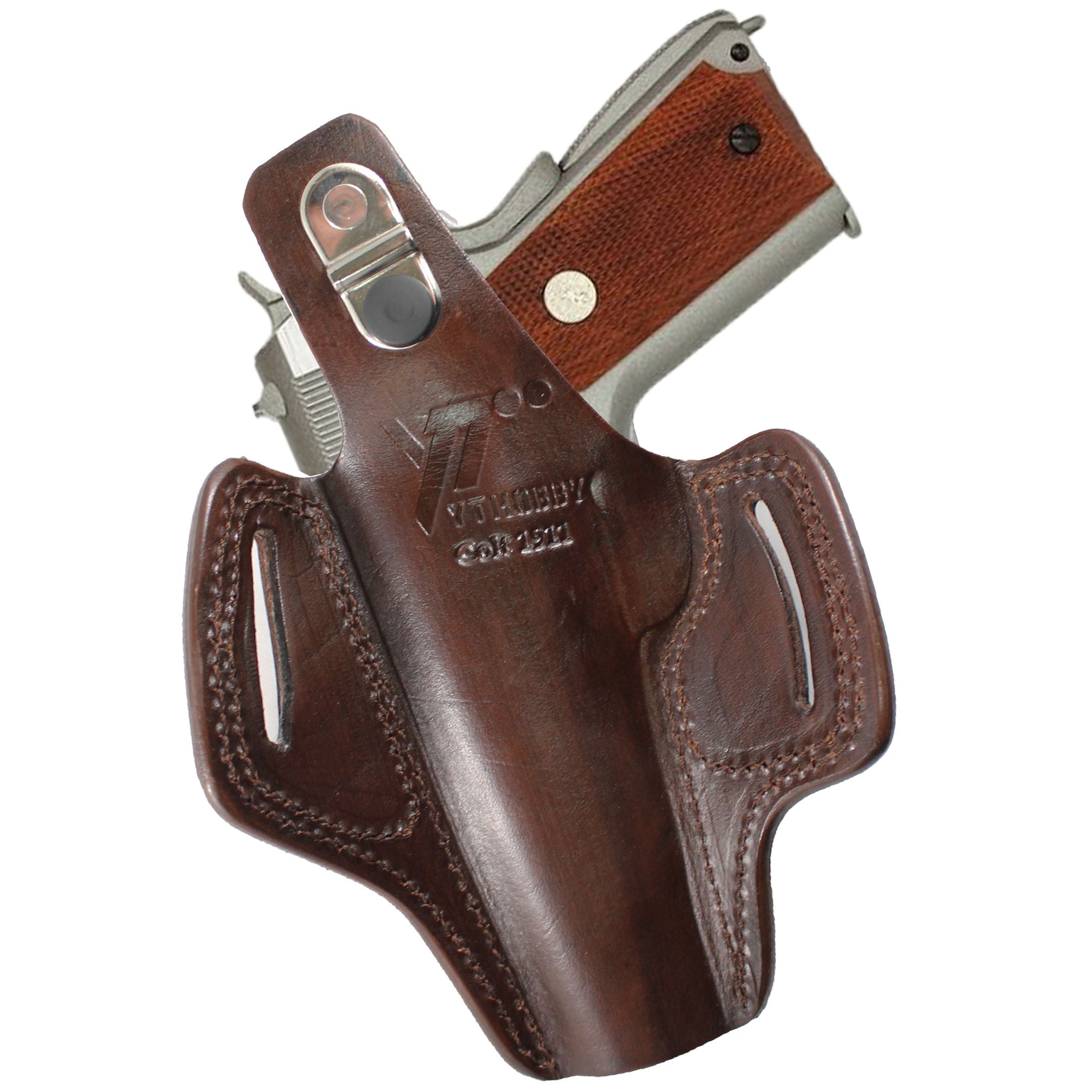 Handmade Leather OWB Carry Two Slot Thumb Break Gun Holster - Dark Brown image 1