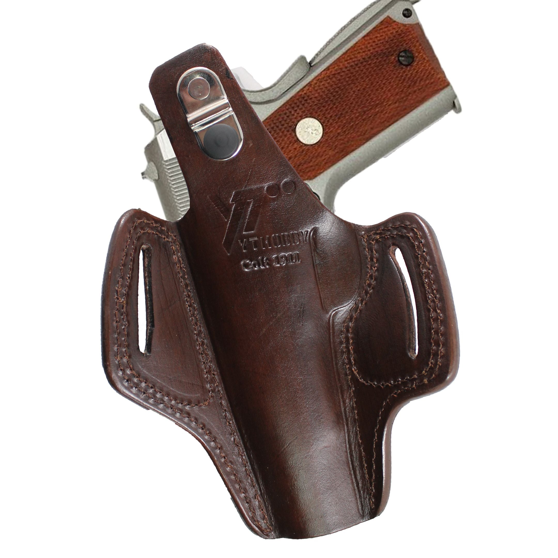 Handmade Leather OWB Carry Two Slot Thumb Break Gun Holster - Dark Brown image 2