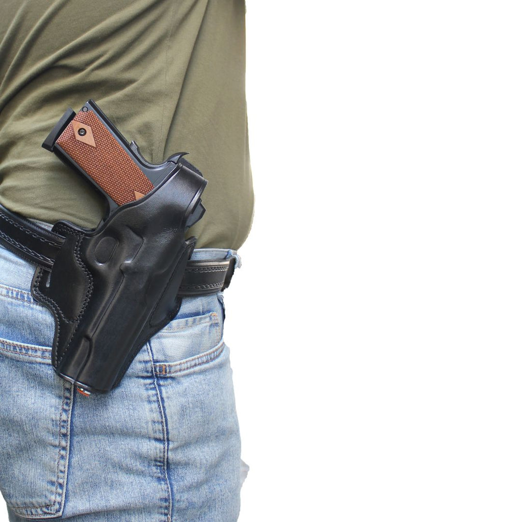 Handmade Leather OWB Carry Two Slot Thumb Break Gun Holster image 10