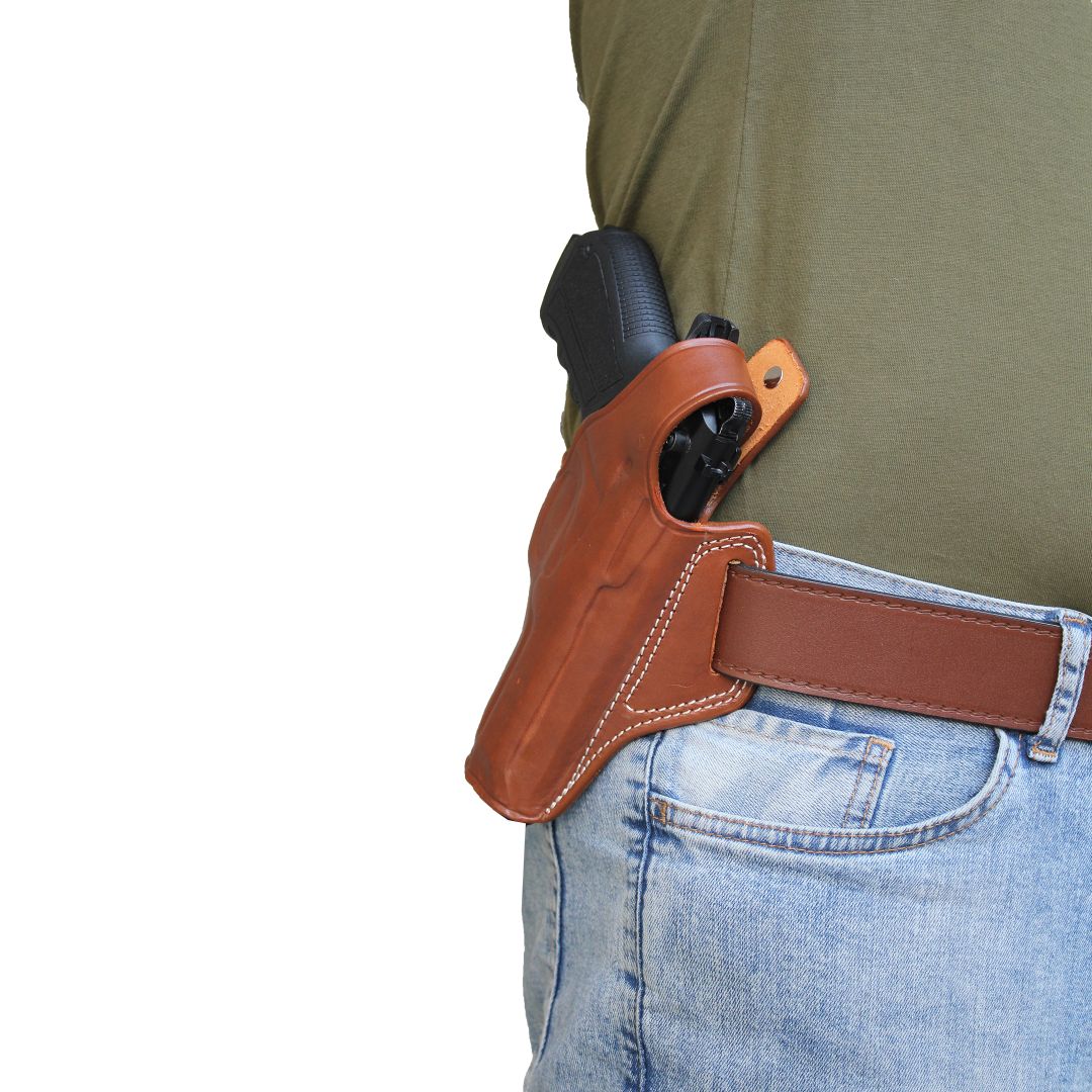 Handmade Leather OWB Carry Two Slot Thumb Break Gun Holster image 1