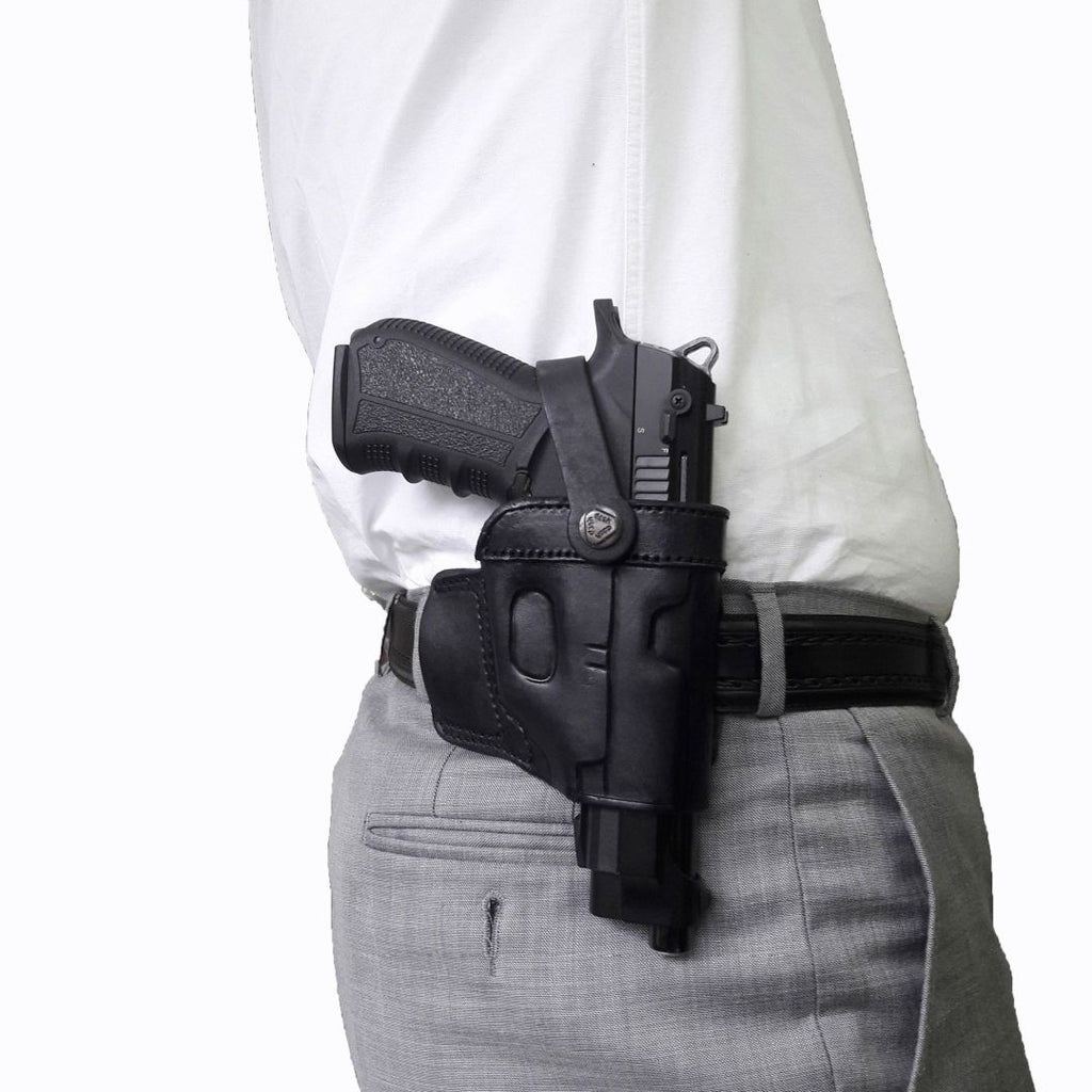 Leather With Retention Strap OWB Carry Gun Holster - Black