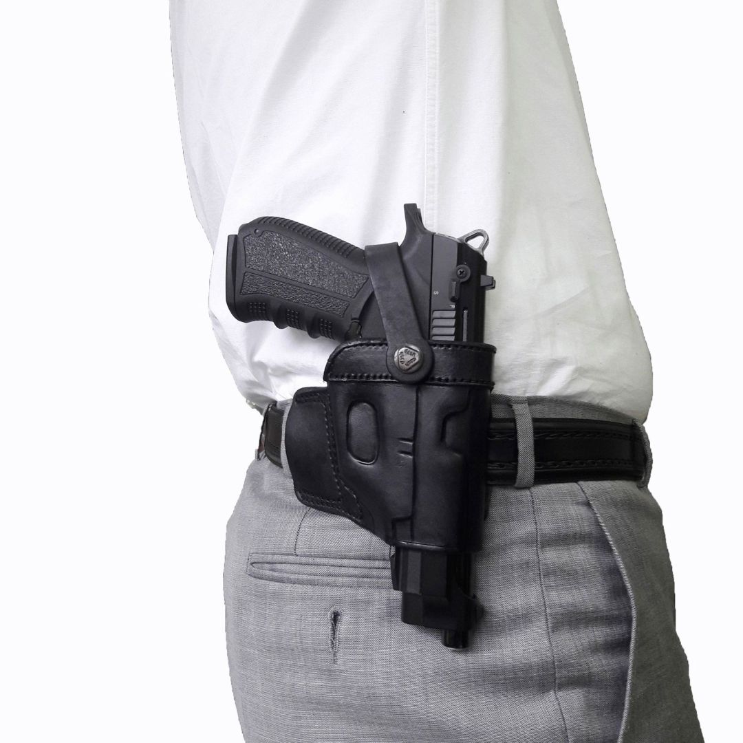 Leather With Retention Strap OWB Carry Gun Holster - Black