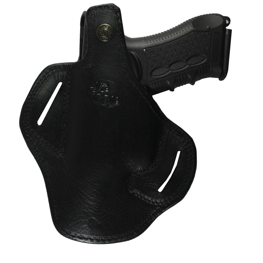 Protected Barrel Real Leather OWB Carry Two Slot Thumb Break Handmade Pistol Gun Holster - Black