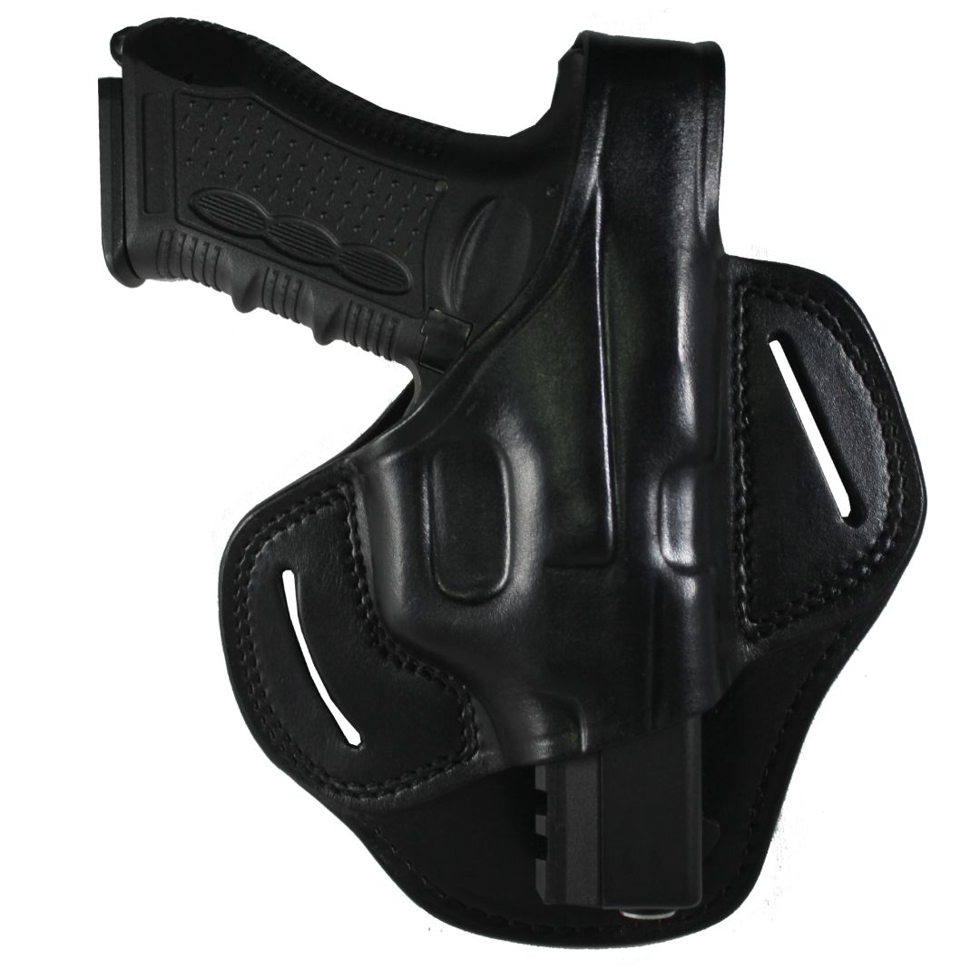 Protected Barrel Real Leather OWB Carry Two Slot Thumb Break Handmade Pistol Gun Holster - Black