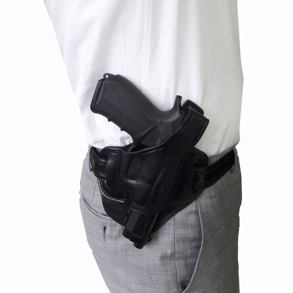 Protected Barrel Real Leather OWB Carry Two Slot Thumb Break Handmade Pistol Gun Holster - Black