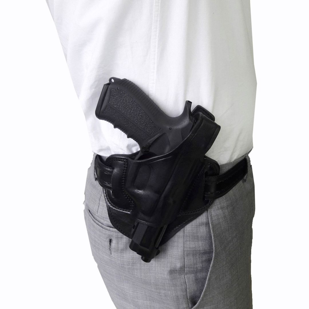 Protected Barrel Real Leather OWB Carry Two Slot Thumb Break Handmade Pistol Gun Holster - Black