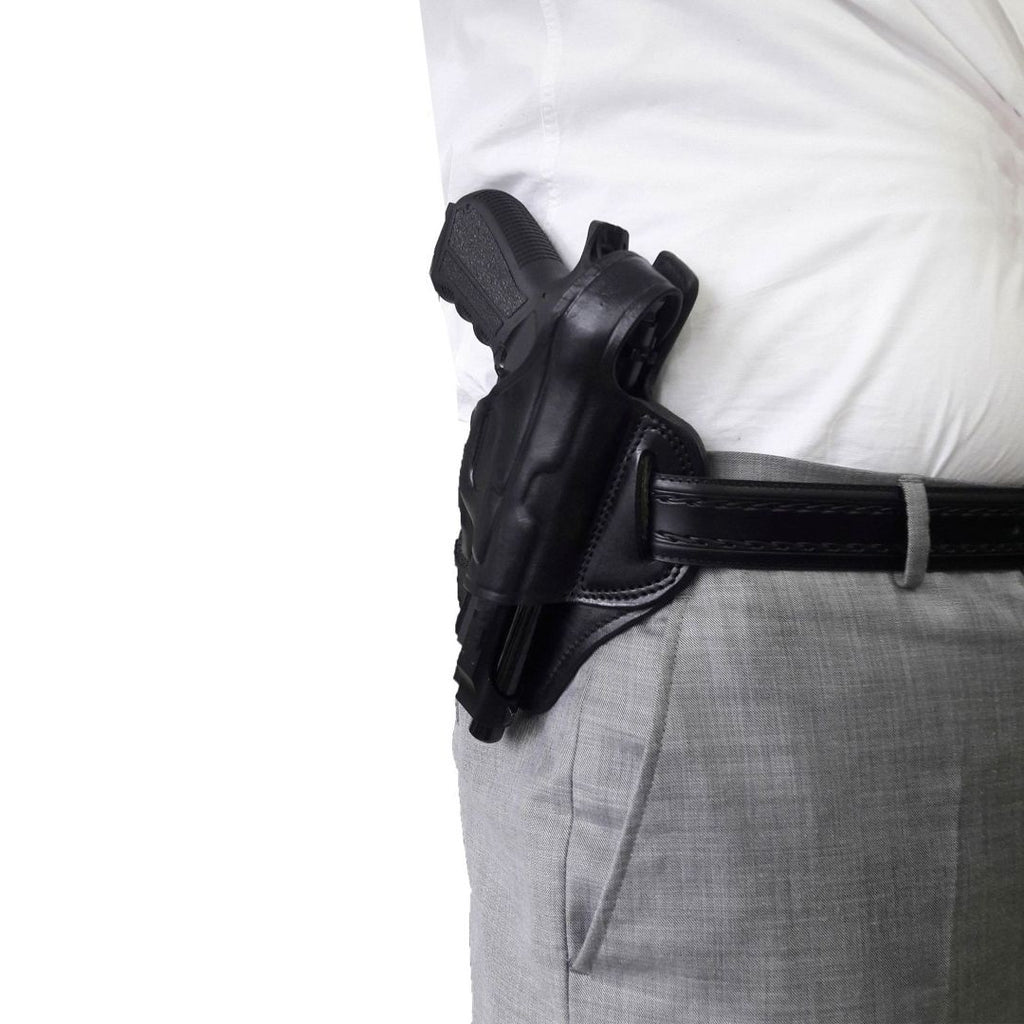 Protected Barrel Real Leather OWB Carry Two Slot Thumb Break Handmade Pistol Gun Holster - Black