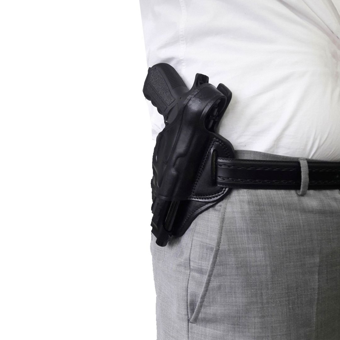 Protected Barrel Real Leather OWB Carry Two Slot Thumb Break Handmade Pistol Gun Holster - Black